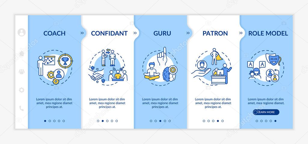 Role model types onboarding vector template. Confidant to work in team. Coach for personal mentoring. Responsive mobile website with icons. Webpage walkthrough step screens. RGB color concept