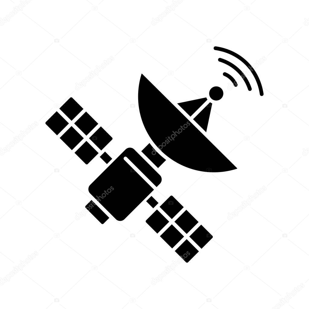 Space satellite black glyph icon. Cosmos exploration, modern telecommunication, aerospace industry silhouette symbol on white space. Orbital sputnik transmitting data. vector isolated illustration