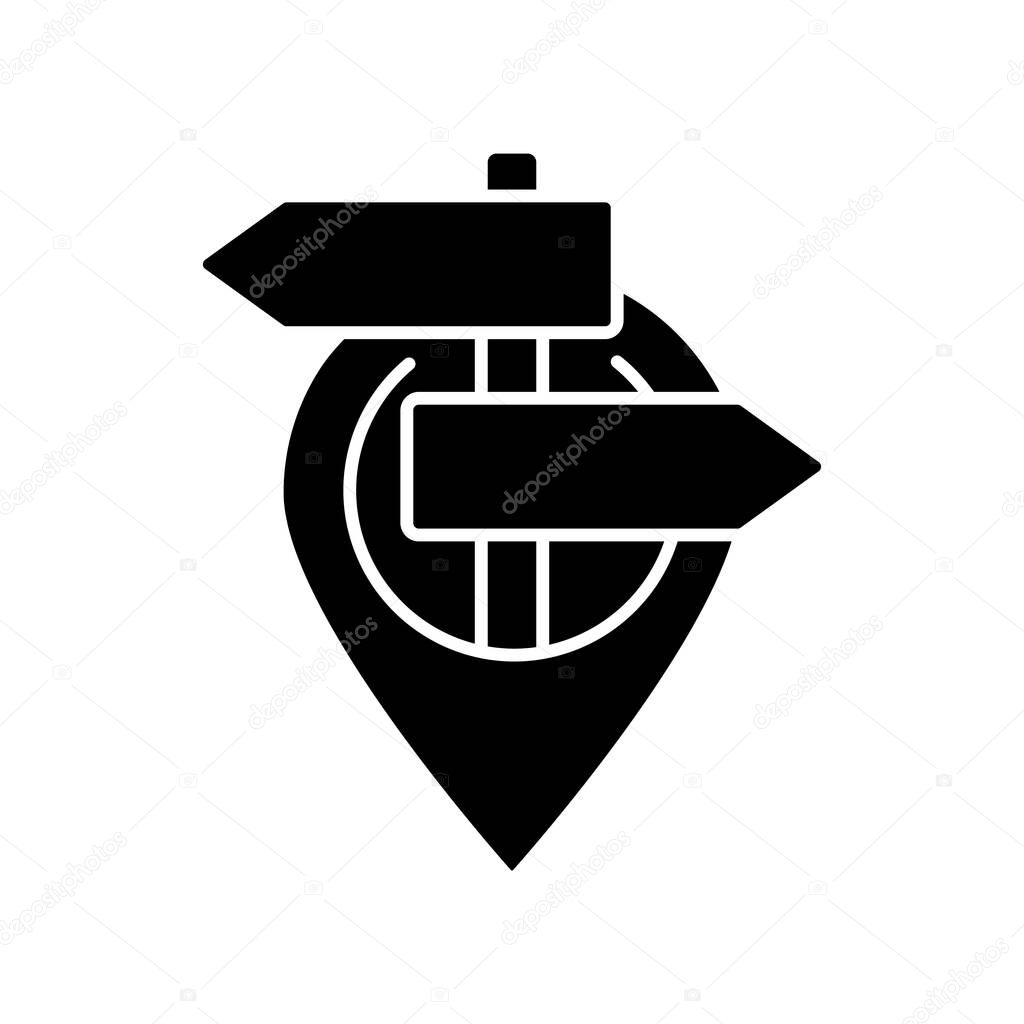 GPS pointer black glyph icon. Modern navigation, global positioning system silhouette symbol on white space. Geographical location indicator. Geo tag with sign post vector isolated illustration
