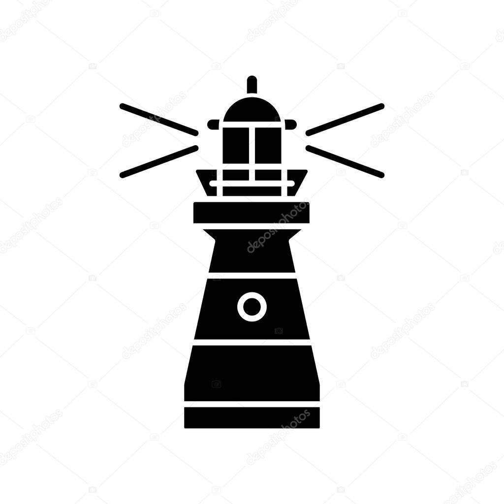 Lighthouse black glyph icon. Traditional maritime navigational landmark silhouette symbol on white space. Warning sign for sailors. Tall building with bright searchlight vector isolated illustration