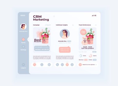 Pazarlama stratejisi tablet arayüz vektör şablonu. Mobil uygulama sayfası gündüz modu tasarım düzeni. CRM servis ekranı. Başvuru için düz UI. Promosyon kampanyası. Taşınabilir aygıt görüntüsü