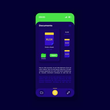 Dosya katalogu akıllı telefon arayüz vektör şablonu. Mobil uygulama sayfası koyu mavi tasarım düzeni. Belge yöneticisi ekranı. Başvuru için düz UI. Dizin servisini arşivle. Telefon görüntüsü