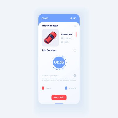 Akıllı telefon arayüz vektör şablonu paylaşımı. Mobil uygulama beyaz tasarım düzeni. Trip süresi ekranı. Başvuru için düz UI. Kiralık araç. Araba paylaşımı. Telefon görüntüsü