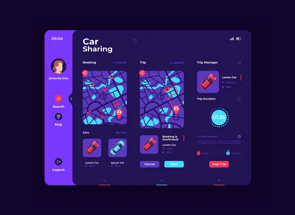 Plantilla Vector Interfaz Tableta Coche Compartido Diseño Diseño Modo Noche — Foto de Stock