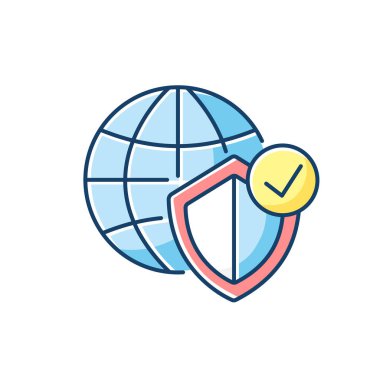 Genel ağ güvenliği RGB renk simgesi. İnternet koruma teknolojisi. Dijital veri şifrelemesi. Dünya küresi ve kalkanı. İzole vektör illüstrasyonu