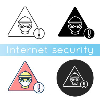 Siber suç ikonu. Hacker saldırısı. İnternet dolandırıcılığı tehdidi. Bilgi çalma alarmı. Veri hırsızlığı uyarısı. Lineer siyah ve RGB renk stilleri. İzole vektör çizimleri
