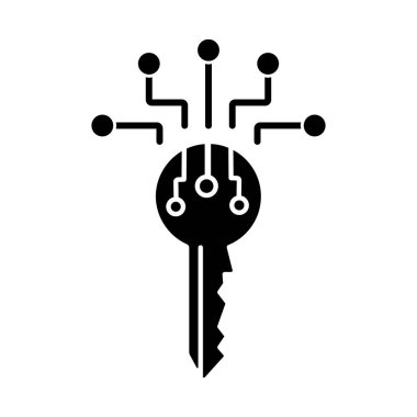 Dijital anahtar siyah kabartma simgesi. Kişisel bilgi güvenliği. Veri şifreleme. Elektronik anahtar. Özel erişim. Tanımlama teknolojisi. Beyaz uzayda siluet sembolü. Vektör izole illüstrasyonu