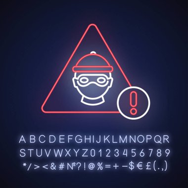 Siber suç neon ışığı ikonu. Hacker saldırısı. İnternet dolandırıcılığı tehdidi. Bilgi çalma alarmı. Dış ışıltı etkisi. Alfabe, sayılar ve sembollerle imzala. Vektör izole edilmiş RGB renk çizimi