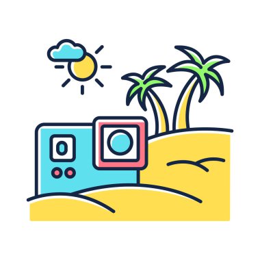 Seyahat videosu RGB renk simgesi. Yaşam tarzı blog fotoğrafı. Tropik deniz tatil köyü. Egzotik tatil. Eğlence ve eğlence vlog içeriği. İzole vektör illüstrasyonu