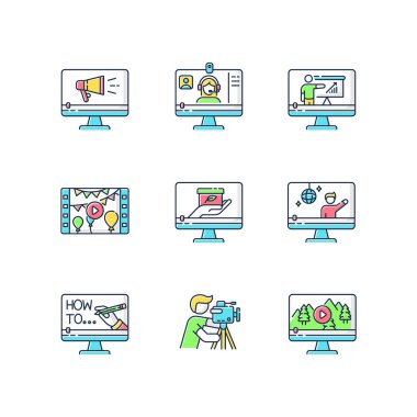 Videografi RGB renk simgeleri ayarlandı. İnternet konferansı. İnternet günlüğü. Doğa belgeseli. Konser yayını. Televizyon reklamı. İzole vektör çizimleri