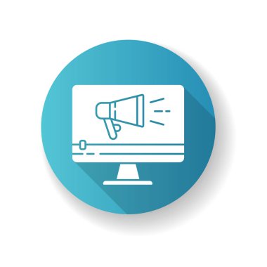 Televizyon reklamı mavi düz dizayn uzun gölge simgesi. Pazarlama promosyonu. Video yapımı. Dijital reklam içeriği. Televizyon reklamı yayınlanıyor. Siluet RGB renk çizimi