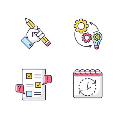 Teknik proje RGB renk simgeleri ayarlandı. Rapor için araştırma. İş akışının uygulanması. Geliştirme ve geliştirme süreci. Yaratıcı yaklaşım. Görevin son teslim tarihi. İzole vektör çizimleri