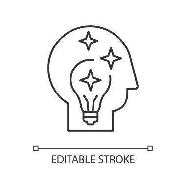 Fikir üretimi pikseli mükemmel doğrusal simge. Beyin fırtınası yaparken içgörü. Yenilikçi bir düşünce. İnce çizgi özelleştirilebilir illüstrasyon. Contour sembolü. Vektör izole çizim. Düzenlenebilir vuruş