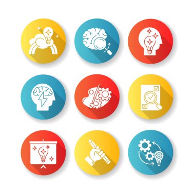 Yaratıcı zihin akışı düz tasarım uzun gölge sembolleri ayarlandı. Proje geliştirme için ilham. Akıllı çözümün iş sunumu. Yaratıcı yazarlık. Siluet RGB renk çizimi