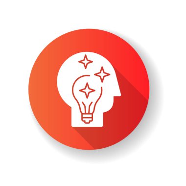 Fikir üretimi kırmızı düz dizayn uzun gölge simgesi. Beyin fırtınası yaparken içgörü. Yenilikçi düşünceleri olan insan kafası. Proje geliştirme hayal gücü. Siluet RGB renk çizimi