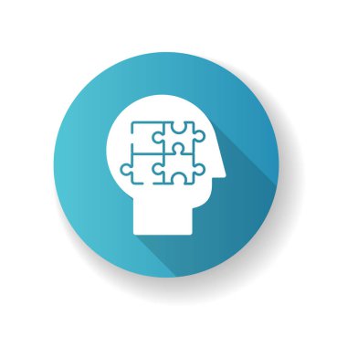 Ayrıntılı mavi düz tasarım uzun gölge sembolü. Kafası karışmış. Mantık çerçevesi. Psikolojik sorun danışmanlığı. İnsan hafızası. Akıl sağlığı terapisi. Siluet RGB renk çizimi