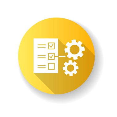 Teknik görev sarı düz dizayn uzun gölge simgesi. Kontrol listesi olan belge. Mühendis notu. Yönetmelik raporu. Yönetim listesi mi? Proje araştırması. Siluet RGB renk çizimi