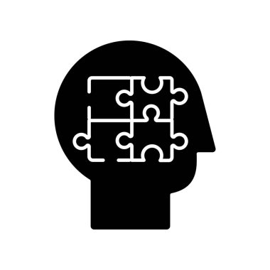 Ayrıntılı siyah kabartma simgesi. Kafası karışmış. Mantık çerçevesi. Psikolojik sorun danışmanlığı. Akıllıca çözümün analizi. Beyaz uzayda siluet sembolü. Vektör izole illüstrasyonu