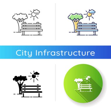 Açık uzay simgesi. Şehir parkında oturacak yer var. Eğlence için kentsel alan. Rahatlamak için çevre dostu bir yer. Lineer siyah ve RGB renk stilleri. İzole vektör çizimleri