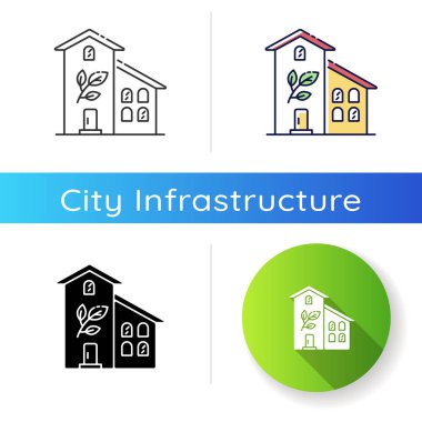 Yeşil bina ikonu. Sürdürülebilir gelişme. Çevre dostu gayrimenkul. Seranın dışı. Güç kullanımını azaltmak için etkili bir bina. Lineer siyah ve RGB renk stilleri. İzole vektör çizimleri