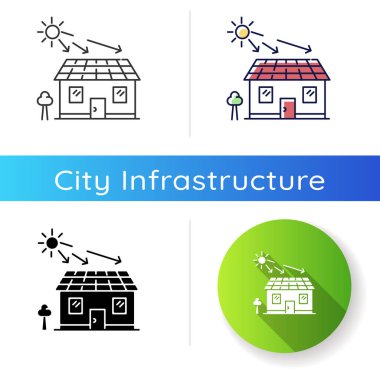 Güneş pilleri simgesi. Ev için ekolojik enerji üretimi. Elektrik şebekesi. Ev için çatı bataryaları kurun. Lineer siyah ve RGB renk stilleri. İzole vektör çizimleri