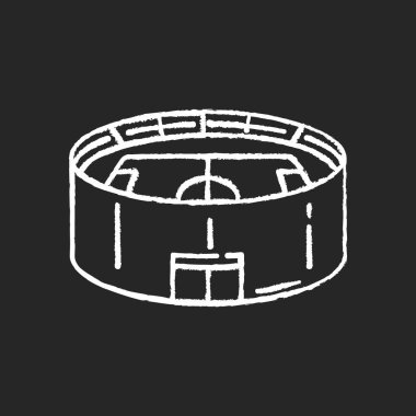 Siyah arkaplanda beyaz tebeşir ikonu var. Beyzbol şampiyonası için spor salonu. Yarışma maçı. Basketbol ligi maçı. Halka açık bir maç. İzole edilmiş vektör karatahta çizimi