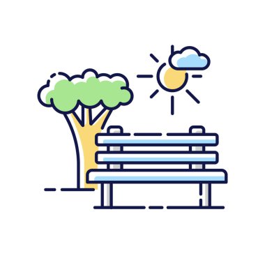 RGB renk simgesini aç. Oturmak için bank olan bir park. Eğlence için kentsel alan. Rahatlamak için çevre dostu bir yer. Doğa bölgesindeki sandalyeye uzan. İzole vektör illüstrasyonu