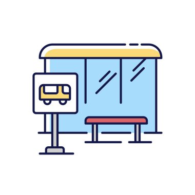 Otobüs durağı RGB renk simgesi. Çatı altında toplu taşıma için bekleyin. Şehir içi banliyö ulaşımı. Şehir altyapısı. Kaldırıma yakın yol tabelası. Okul otobüsü tabelası. İzole vektör illüstrasyonu