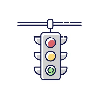 Trafik ışıkları RGB renk simgesi. Yol yönetmeliği lambası. Otobanda güvenlik kontrolü. Kavşakta araba kullanmak için izin istiyorum. Yol gösterici. Ulaşım idaresi. İzole vektör illüstrasyonu