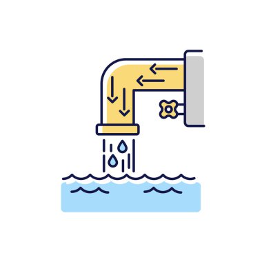 Drenaj sistemi RGB renk simgesi. Çelik boru ve akan su. Fabrikadan kaynaklanan çevre kirliliği. Şehir altyapısı. Kirli su tanka akıyor. İzole vektör illüstrasyonu