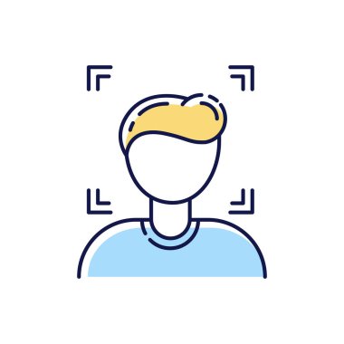 Yüz tanıma RGB renk simgesi. Mahremiyeti korumak için güvenlik kimliği. Biyometrik kilidi açıyorum. İnsan yüzü tanıma. Otorite incelemesi. Güvenlik kontrolü. İzole vektör illüstrasyonu