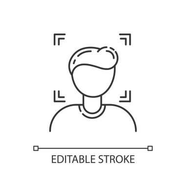 Yüz tanıma pikseli mükemmel doğrusal simge. Mahremiyeti korumak için güvenlik kimliği. İnce çizgi özelleştirilebilir illüstrasyon. Contour sembolü. Vektör izole çizim. Düzenlenebilir vuruş