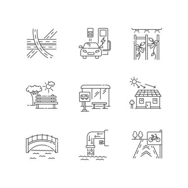 Kentsel yapı pikseli mükemmel doğrusal simgeler ayarlandı. Yol ayrımı. Nakil için şarj istasyonu. Açık alan. Özelleştirilebilir ince çizgi şekilleri. İzole vektör çizimi çizimleri. Düzenlenebilir vuruş