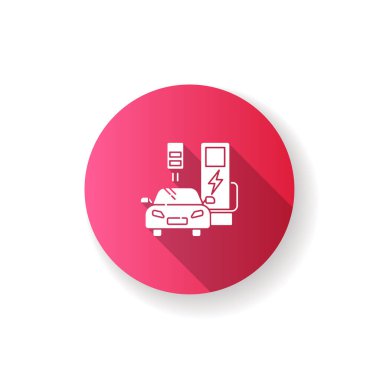 Pembe düz dizaynlı şarj istasyonu uzun gölge simgesi. Nakil için alternatif gaz. Hibrit araba. Araç için ekolojik güç kaynağı. Enerji terminali. Siluet RGB renk çizimi