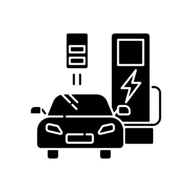 Siyah simge ikonu şarj ediliyor. Nakil için alternatif gaz. Hibrit araba. Araç için ekolojik güç kaynağı. Enerji terminali. Beyaz uzayda siluet sembolü. Vektör izole illüstrasyonu