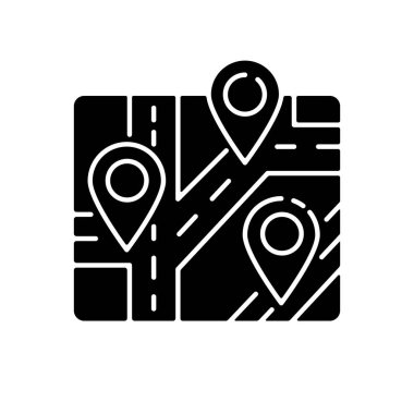Simge simgesi simgesi. GPS işaretli harita. Hedefe giden yolu işaretle. Yerleşim yeri arayın. Gezmek için bilgi. Beyaz uzayda siluet sembolü. Vektör izole illüstrasyonu