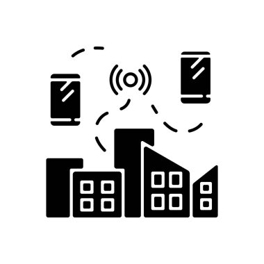 Mobil ağ siyah kabartma simgesi. Kablosuz internet bağlantısı. Sinyal alıcısı. Akıllı şehir. Şehir altyapısı. İnternet gibi şeyler. Beyaz uzayda siluet sembolü. Vektör izole illüstrasyonu