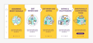 Sağlıksız beslenme, taşıyıcı şablondaki kötü yeme alışkanlıkları. Duygusal olarak rahatlatıcı yemekler, geç bir akşam yemeği. Simgeli ilgili mobil web sitesi. Web sayfası basamak ekranları. RGB renk kavramı