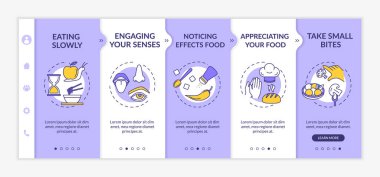 Sağlıklı beslenme alışkanlıkları vektör şablonunda. Duyuları meşgul etmek, yiyecekleri takdir etmek, küçük ısırıklar almak. Simgeli ilgili mobil web sitesi. Web sayfası basamak ekranları. RGB renk kavramı
