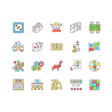 Masa oyunları RGB renk simgeleri ayarlandı. Eğlenceli ve eğitici oyunlar, eğlenceli eğlenceler. Geleneksel eğlence zamanı, parti gecesi aktiviteleri. İzole vektör çizimleri