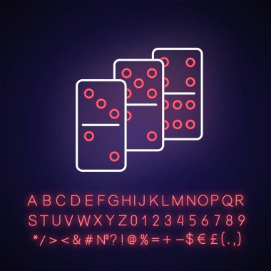 Domino ışıkları ikonu. Dış ışıltı etkisi. Geleneksel masa üstü oyunu, alfabe, sayılar ve sembollerle kumar faaliyeti işareti. Domino parçaları vektör izole RGB renk illüstrasyonu