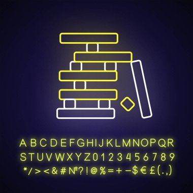 Tahta blok oyunu neon ışıklı ikon. Dış ışıltı etkisi. Parti eğlencesi, alfabeli eğlence tabelası, sayılar ve semboller. Kararsız yapı vektörü RGB renk çizimini izole etti