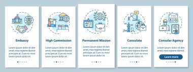 Mobil uygulama sayfası ekranında kavramlarla siyasi müzakere. Yüksek hükümet temsilcisi 5 aşamalı grafik talimatları gözden geçiriyor. RGB renk resimleriyle UI vektör şablonu