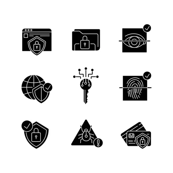 Security System Black Glyph Icons Set White Space Personal Information — Stock Vector