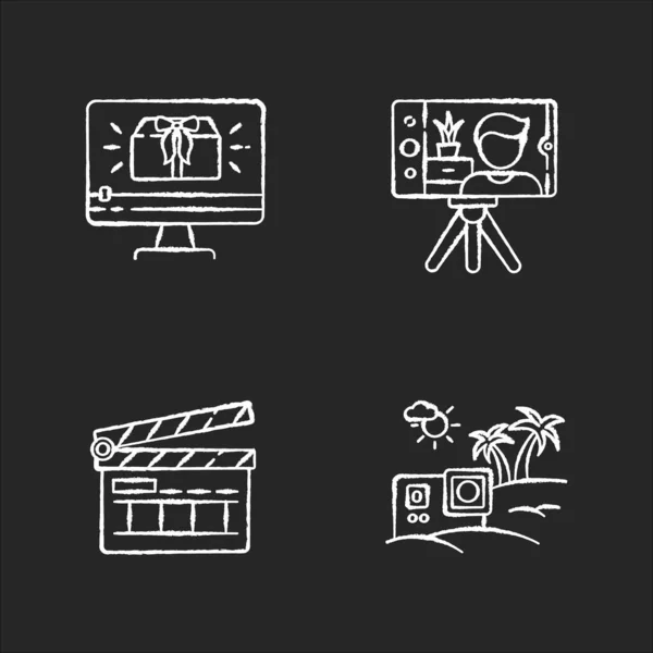 电影制作和网络博客粉笔白色图标设置在黑色背景 旅行Vlog内容 拍片拍板 网上视频 孤立的病媒黑板插图 — 图库矢量图片