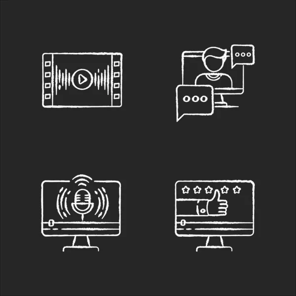 Vidéographie Icônes Blanc Craie Sur Fond Noir Conférence Web Diffusion — Image vectorielle