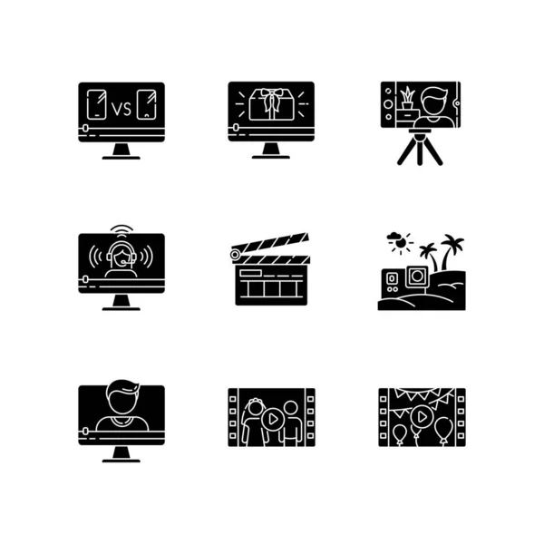Videoproduktion Schwarze Glyphen Symbole Auf Weißem Raum Bloggen Internet Persönliche — Stockvektor