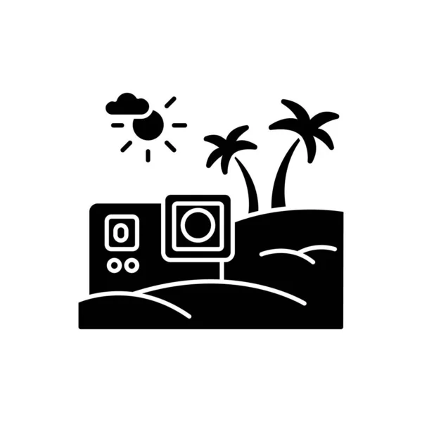 旅行视频黑色象形文字图标 生活风格博客照片 热带海洋度假胜地 异国情调娱乐和娱乐Vlog内容 白色空间上的轮廓符号 矢量孤立的说明 — 图库矢量图片