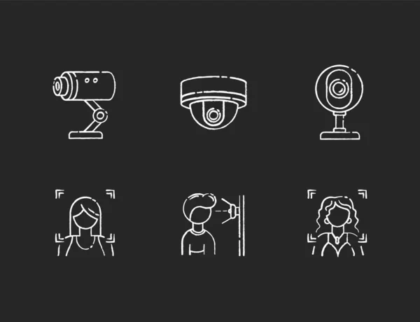 Biometrische Identificatie Krijt Witte Pictogrammen Ingesteld Zwarte Achtergrond Videobewaking Gezichtsherkenning — Stockvector