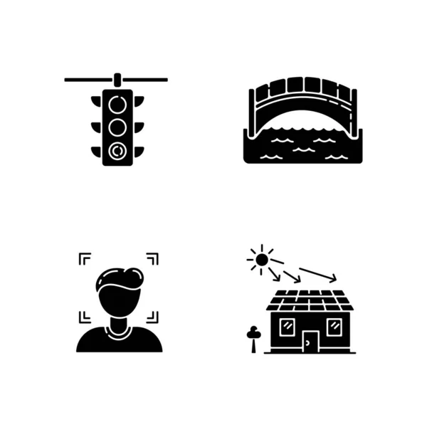 Iconos Glifo Negro Regulación Urbana Establecidos Espacio Blanco Reconocimiento Facial — Vector de stock